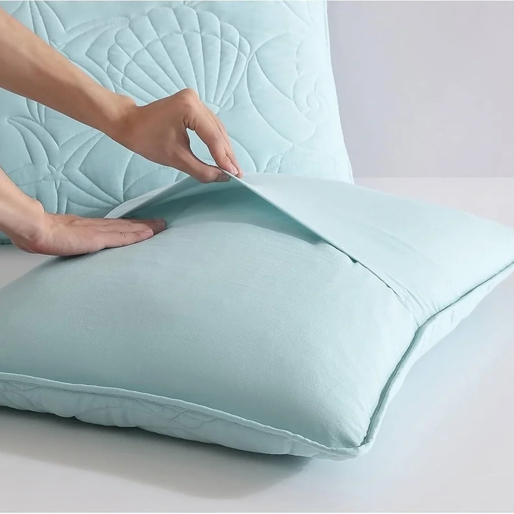 CARIBBEAN JOE Full/Queen Outlined Shell 3-Piece Quilt Set, Coastal Beach , Aqua